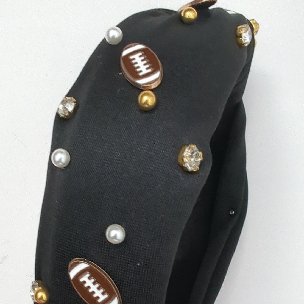 NWT Black Fabric Headband With Footballs, Rhinestones and Bead Embellishments